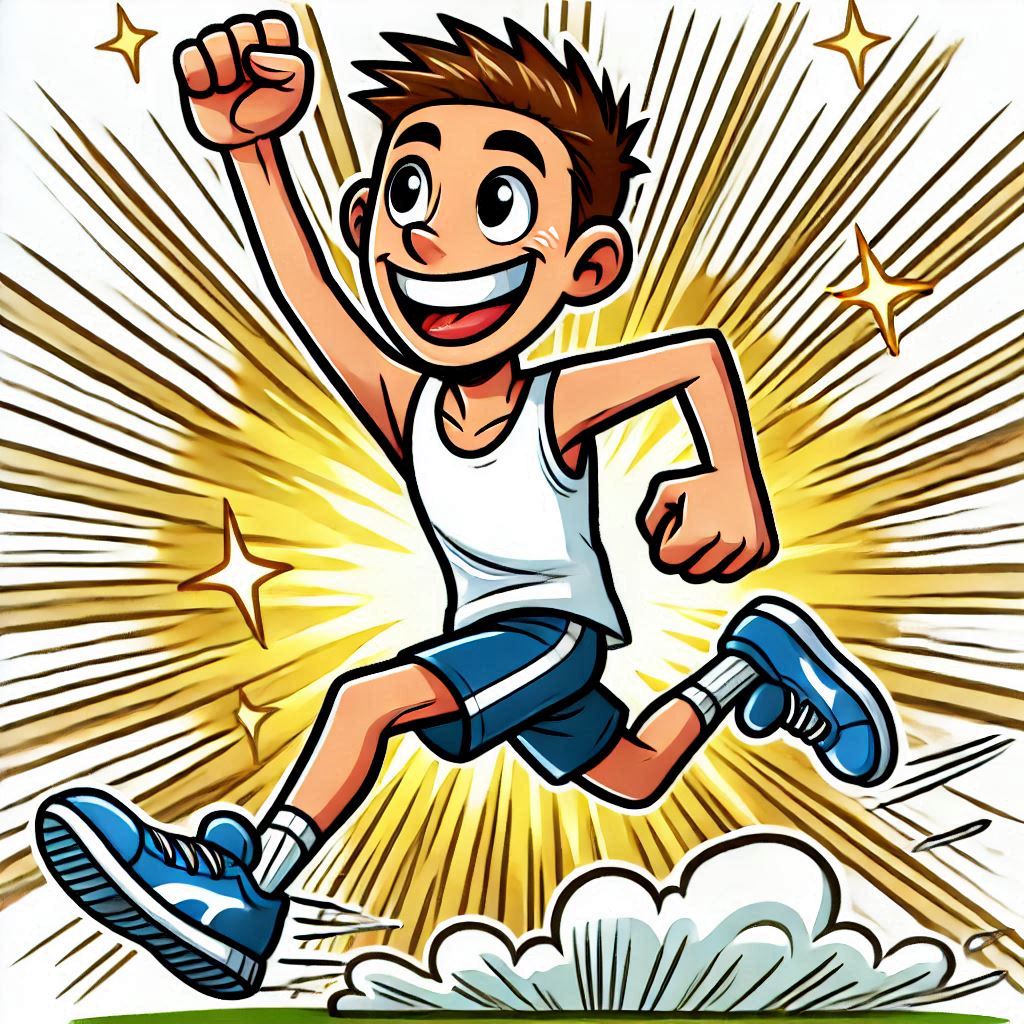 Cartoon of a runner with a huge smile and a hand up in the air.