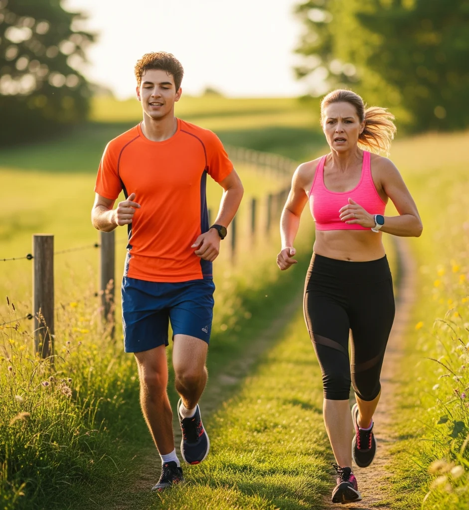 2 runners side by side with a male on the left and a female on the right. The lady looks like she is working hard. The man is looking more comfortable.