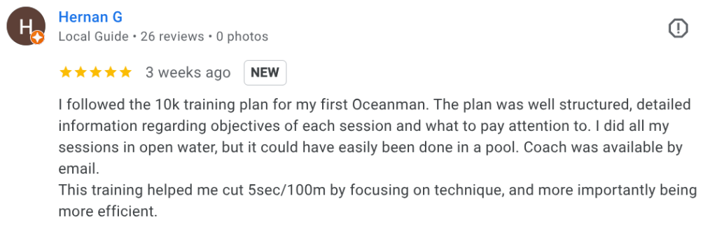 The google review left by Hernan after his 10K swim triumph.