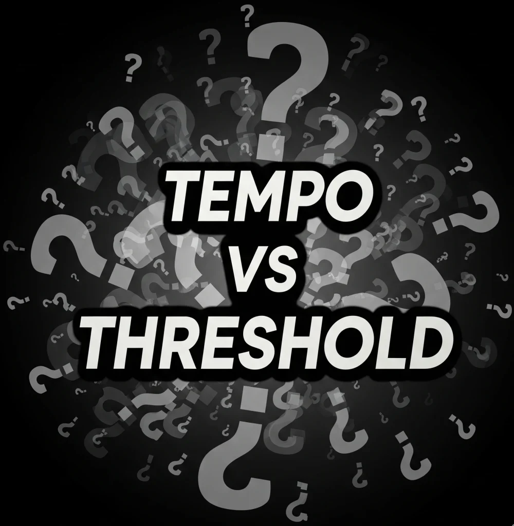 An image of Tempo vs threshold in black and white with lots of question marks in the background.